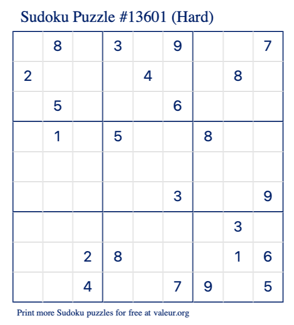 Free Printable Hard Sudoku Puzzle number 13601