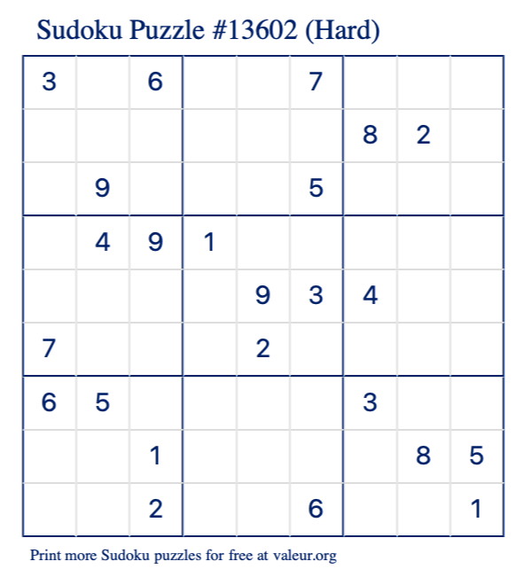 Free Printable Hard Sudoku Puzzle number 13602