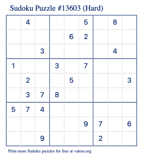 Free Printable Hard Sudoku Puzzle number 13603