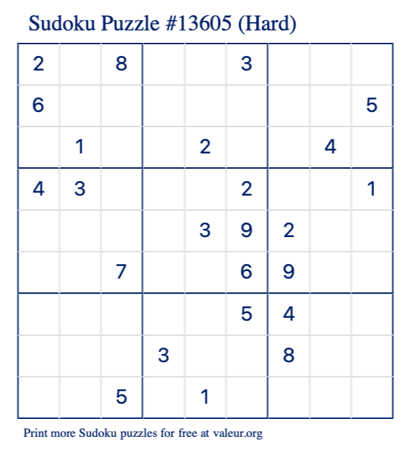 Free Printable Hard Sudoku Puzzle number 13605