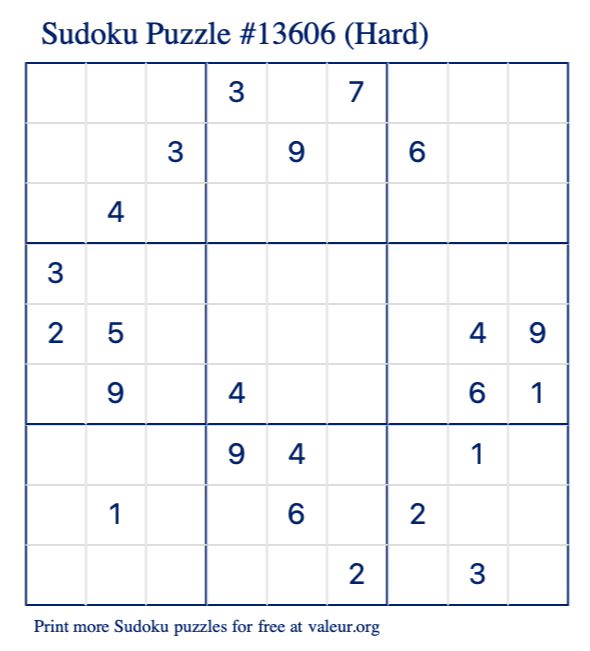 Free Printable Hard Sudoku Puzzle number 13606