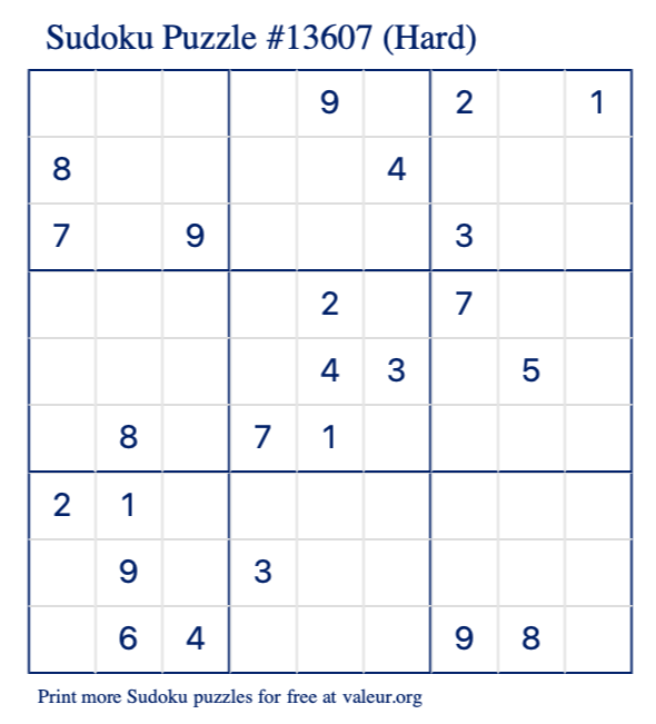 Free Printable Hard Sudoku Puzzle number 13607