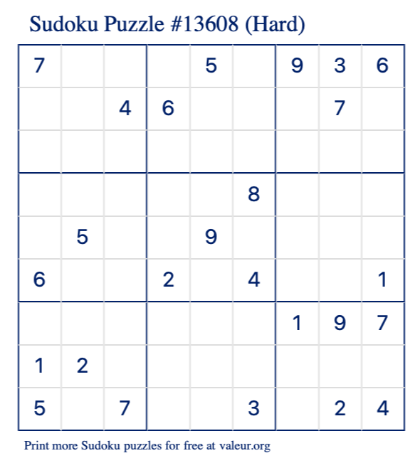 Free Printable Hard Sudoku Puzzle number 13608