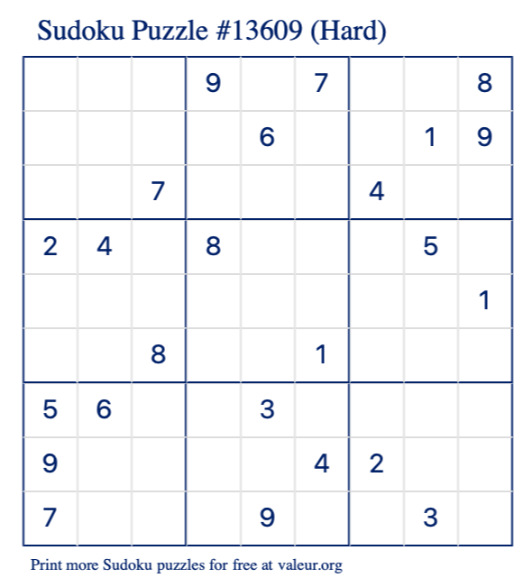 Free Printable Hard Sudoku Puzzle number 13609