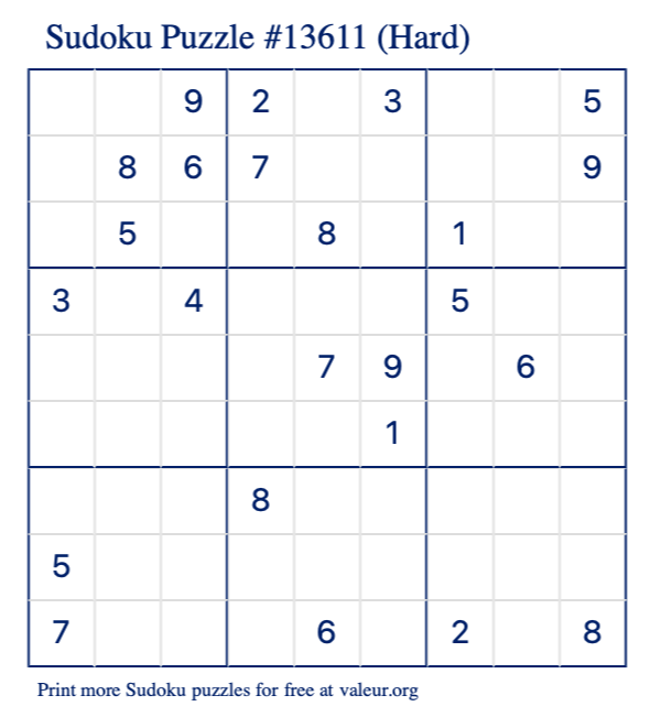 Free Printable Hard Sudoku Puzzle number 13611