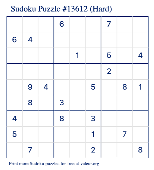 Free Printable Hard Sudoku Puzzle number 13612