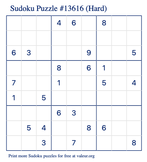 Free Printable Hard Sudoku Puzzle number 13616