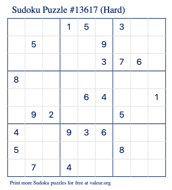 Free Printable Hard Sudoku Puzzle number 13617