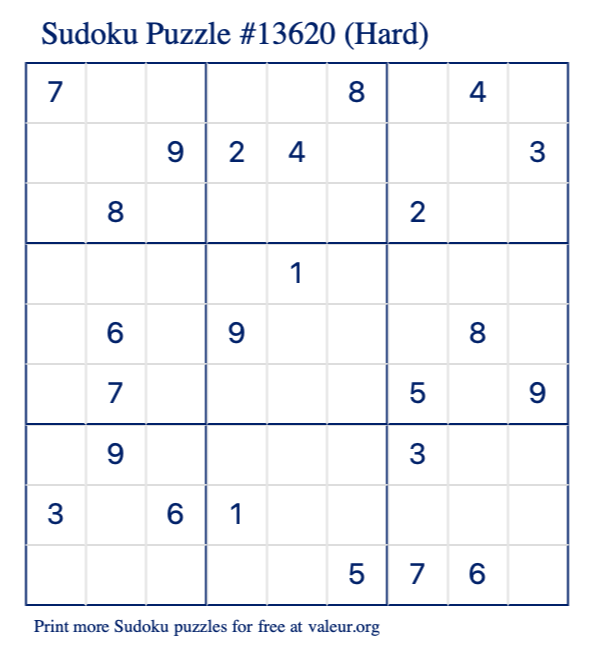 Free Printable Hard Sudoku Puzzle number 13620