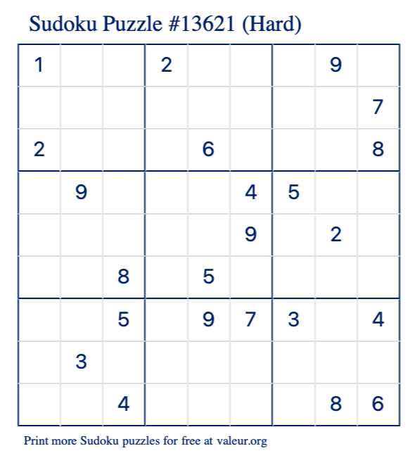 Free Printable Hard Sudoku Puzzle number 13621