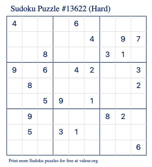 Free Printable Hard Sudoku Puzzle number 13622