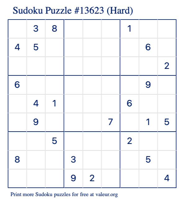 Free Printable Hard Sudoku Puzzle number 13623