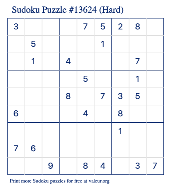 Free Printable Hard Sudoku Puzzle number 13624