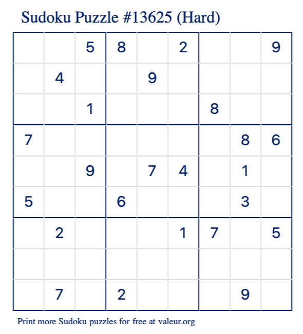 Free Printable Hard Sudoku Puzzle number 13625