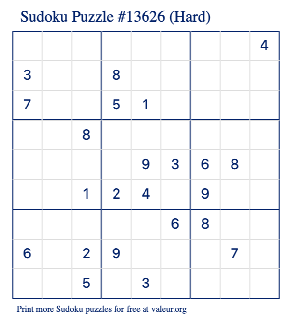 Free Printable Hard Sudoku Puzzle number 13626