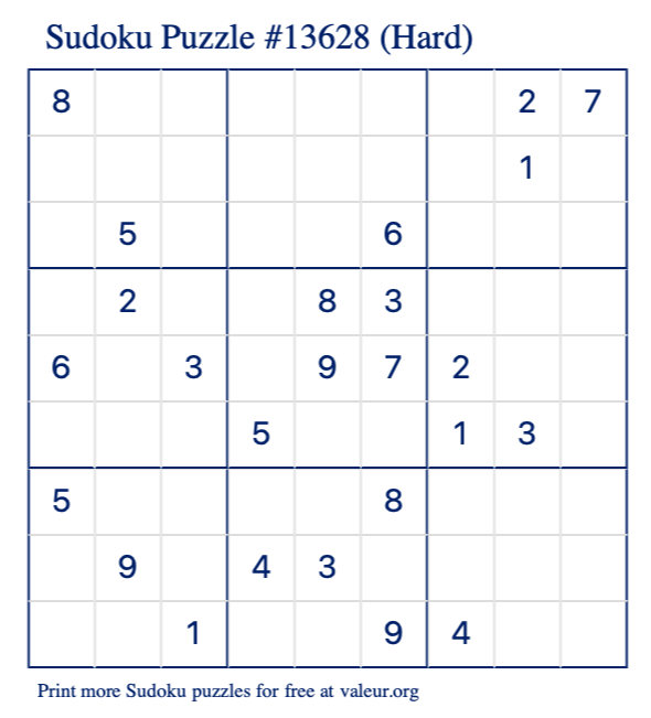 Free Printable Hard Sudoku Puzzle number 13628
