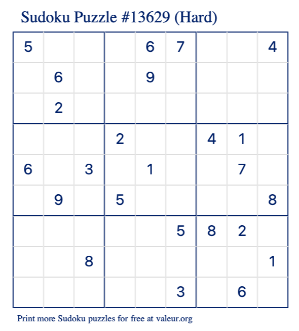Free Printable Hard Sudoku Puzzle number 13629