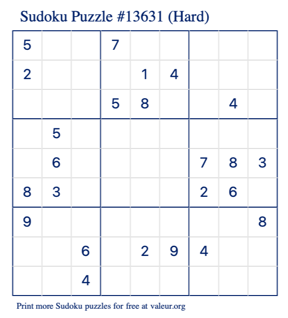 Free Printable Hard Sudoku Puzzle number 13631