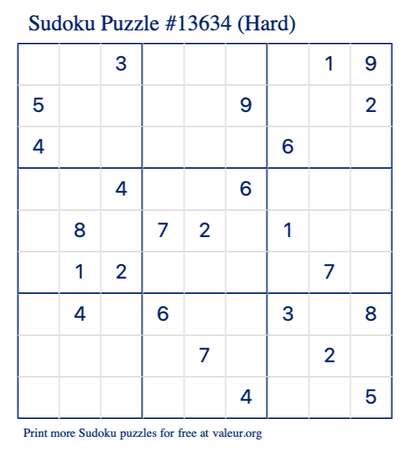 Free Printable Hard Sudoku Puzzle number 13634