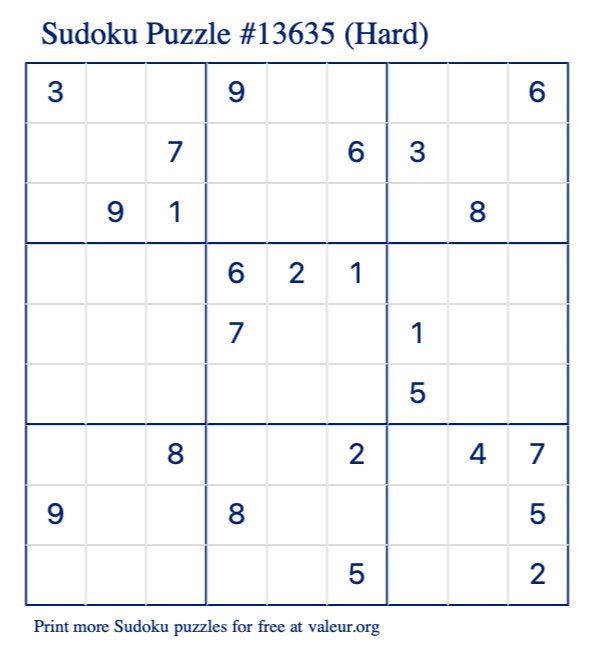 Free Printable Hard Sudoku Puzzle number 13635