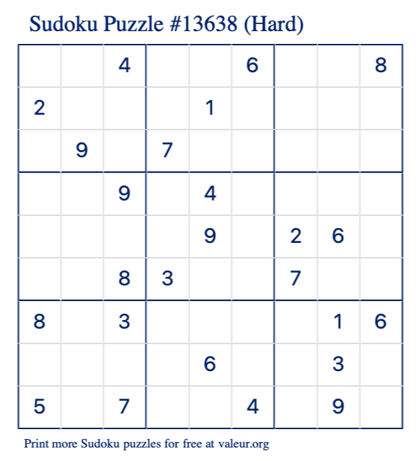 Free Printable Hard Sudoku Puzzle number 13638