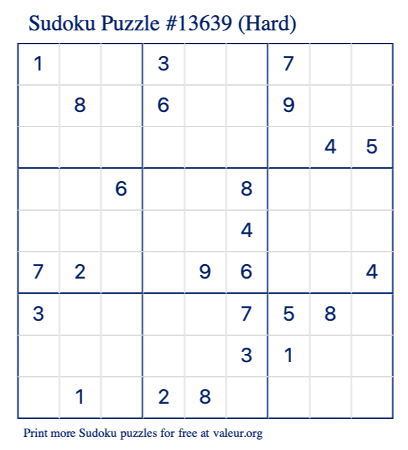 Free Printable Hard Sudoku Puzzle number 13639