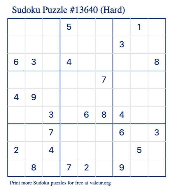 Free Printable Hard Sudoku Puzzle number 13640
