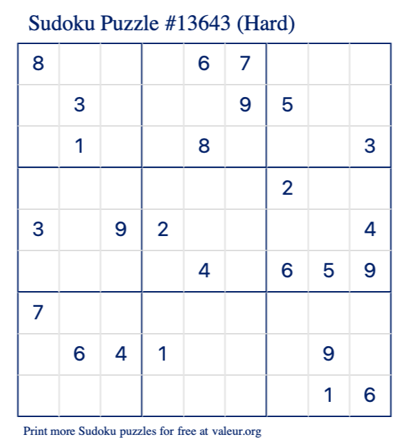 Free Printable Hard Sudoku Puzzle number 13643