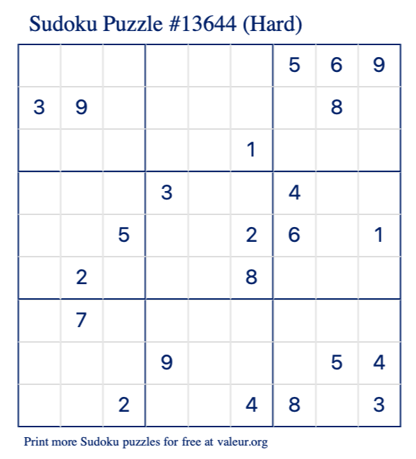 Free Printable Hard Sudoku Puzzle number 13644