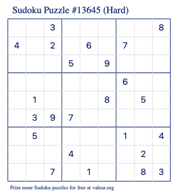 Free Printable Hard Sudoku Puzzle number 13645