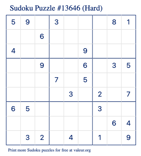Free Printable Hard Sudoku Puzzle number 13646