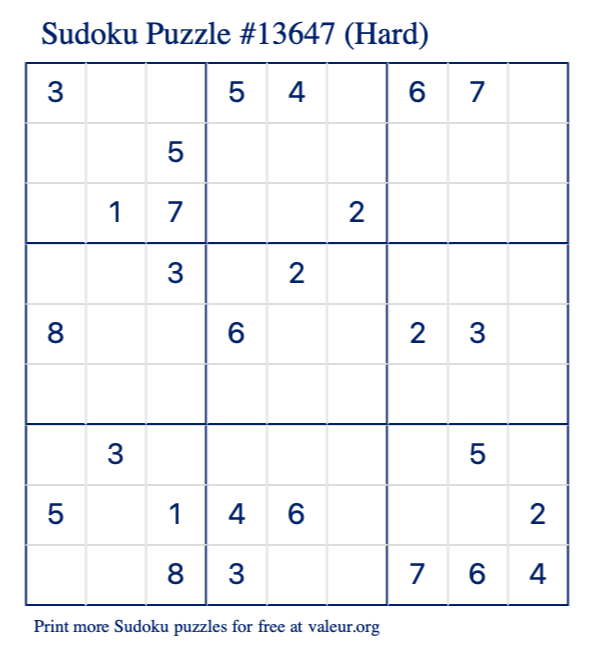 Free Printable Hard Sudoku Puzzle number 13647