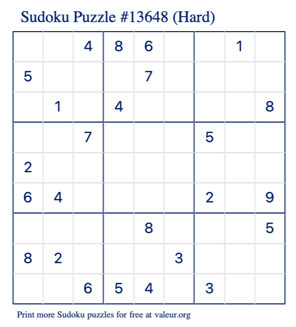 Free Printable Hard Sudoku Puzzle number 13648
