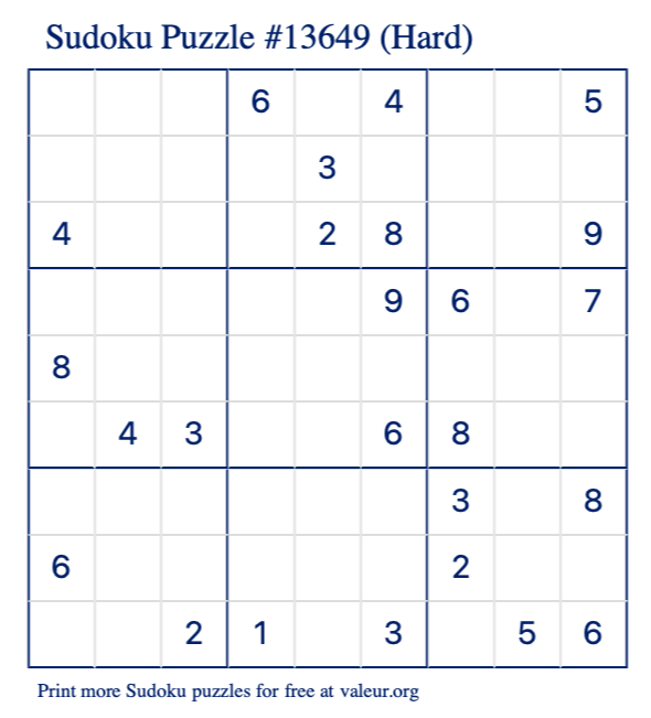 Free Printable Hard Sudoku Puzzle number 13649