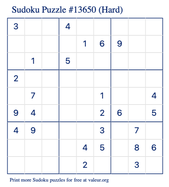 Free Printable Hard Sudoku Puzzle number 13650