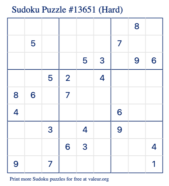 Free Printable Hard Sudoku Puzzle number 13651