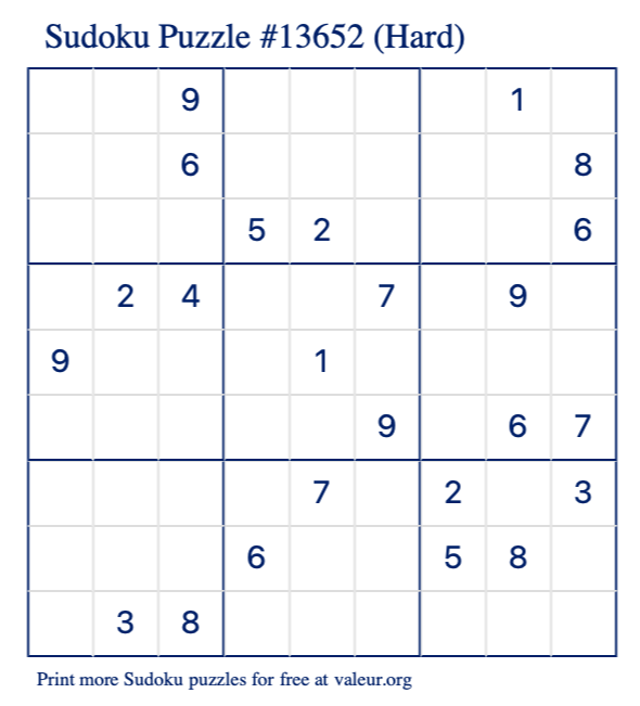Free Printable Hard Sudoku Puzzle number 13652