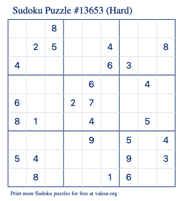Free Printable Hard Sudoku Puzzle number 13653
