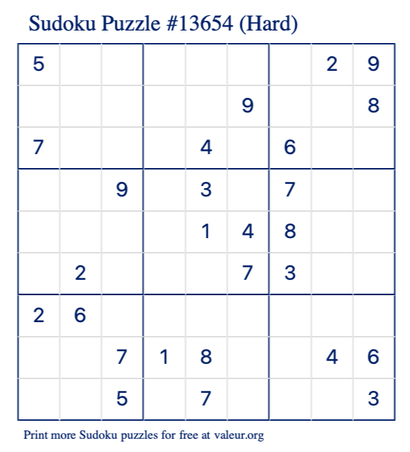 Free Printable Hard Sudoku Puzzle number 13654