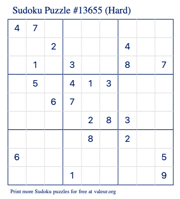 Free Printable Hard Sudoku Puzzle number 13655