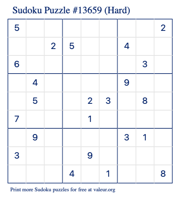 Free Printable Hard Sudoku Puzzle number 13659