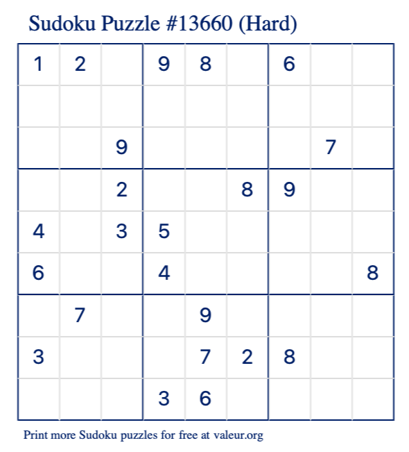Free Printable Hard Sudoku Puzzle number 13660
