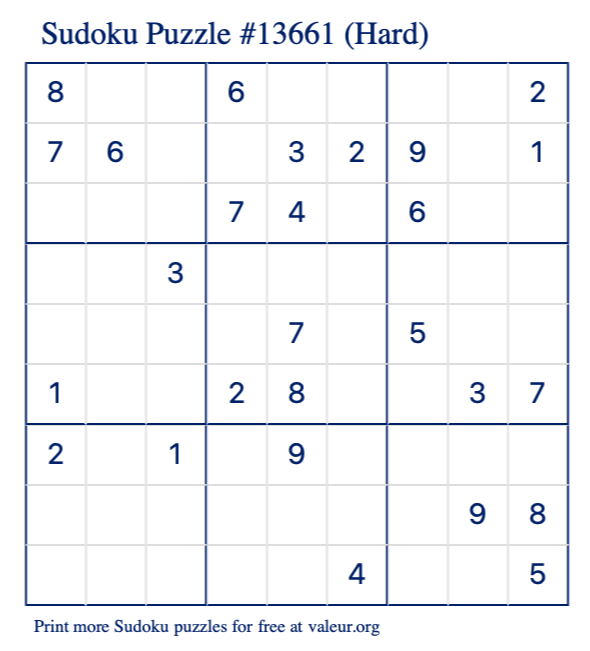 Free Printable Hard Sudoku Puzzle number 13661