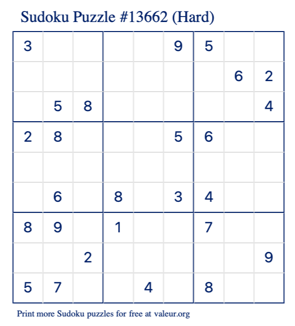 Free Printable Hard Sudoku Puzzle number 13662