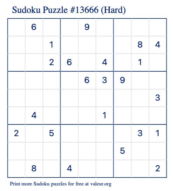 Free Printable Hard Sudoku Puzzle number 13666