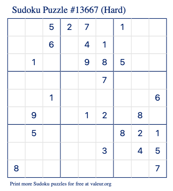 Free Printable Hard Sudoku Puzzle number 13667