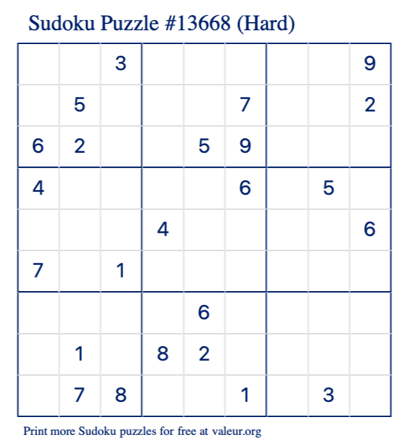 Free Printable Hard Sudoku Puzzle number 13668