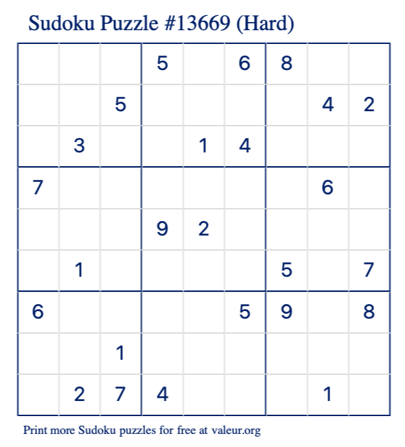 Free Printable Hard Sudoku Puzzle number 13669