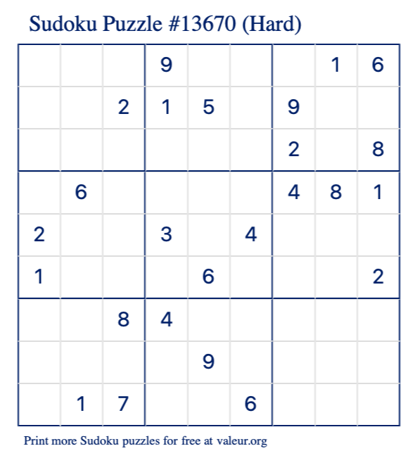 Free Printable Hard Sudoku Puzzle number 13670