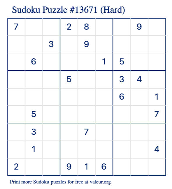 Free Printable Hard Sudoku Puzzle number 13671